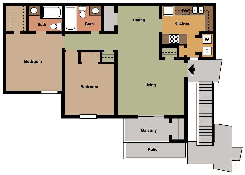 Floor plan for 2 beds, 2 baths, 989 sqft